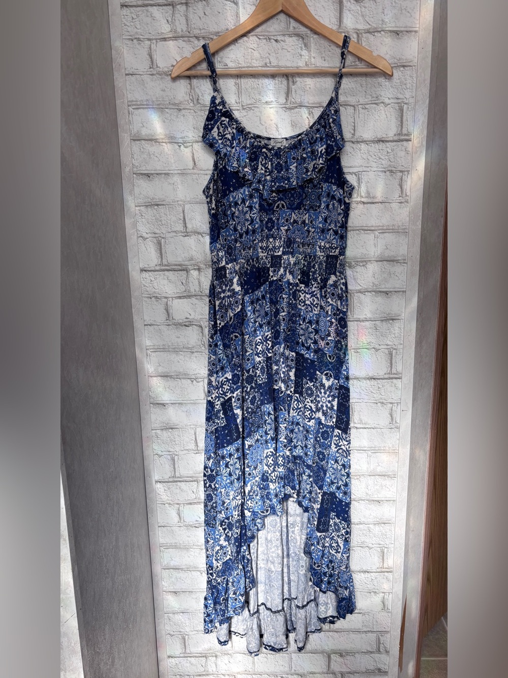 Blue Patterned Ruffle Hi-Low Dress